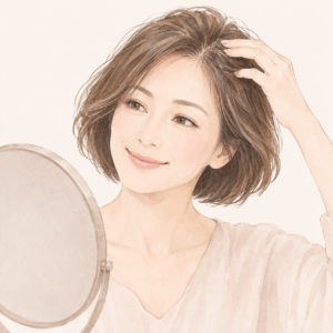 鏡の前で根元のボリュームを確かめる女性のイラスト